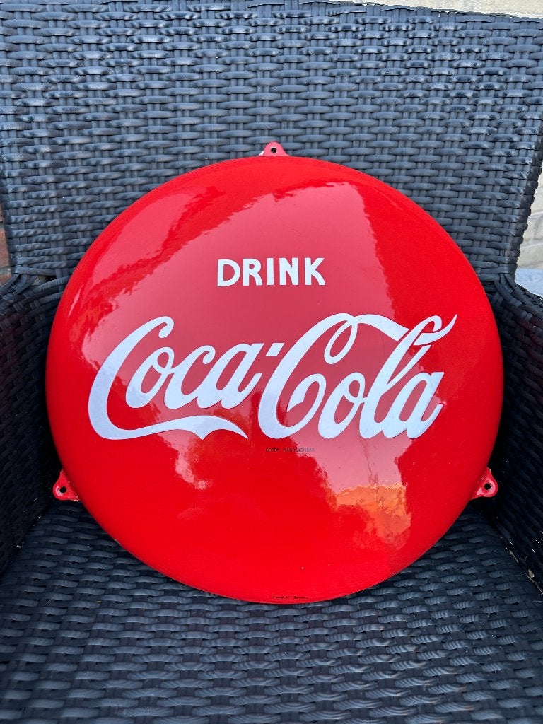 Schitterend emaille Coca Cola bord. Langcat Bussum 39,5 cm., Verzamelen, Ophalen of Verzenden, Gebruikt, Reclamebord