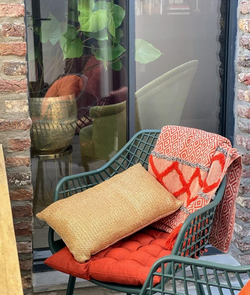 Vier stijlvolle groen/turquoise webbing stoelen van Karwei, Ophalen, Twee, Overige kleuren, Zo goed als nieuw