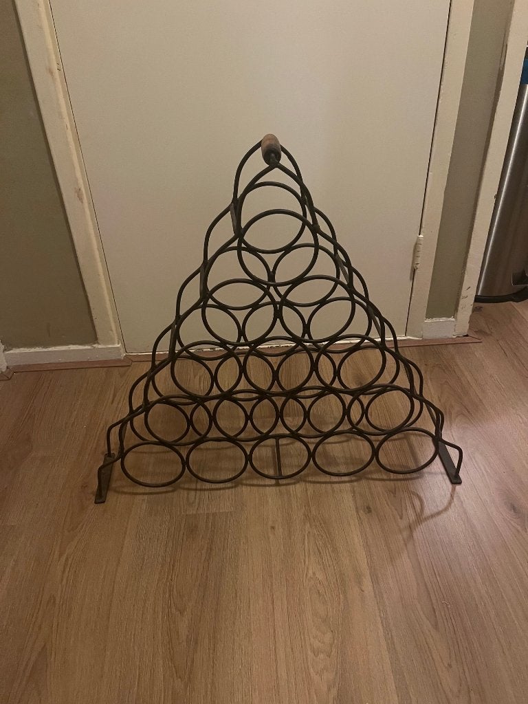 Metalen wijnrek / flessenhouder met houten handvat, Ophalen, 50 – 75, Gebruikt, 5 tot 15 flessen