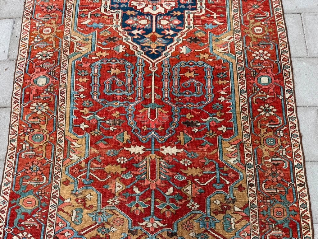 Antieke Heriz loper – 332x136 cm– unieke kleuren en tijdloos, Gebruikt, 200 cm of meer, Ophalen of Verzenden, Geel