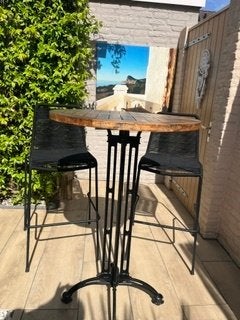 Hoge (sta)tafel met 2 krukken en twee kleine tafels, Ophalen, Zo goed als nieuw, Rond, Teakhout