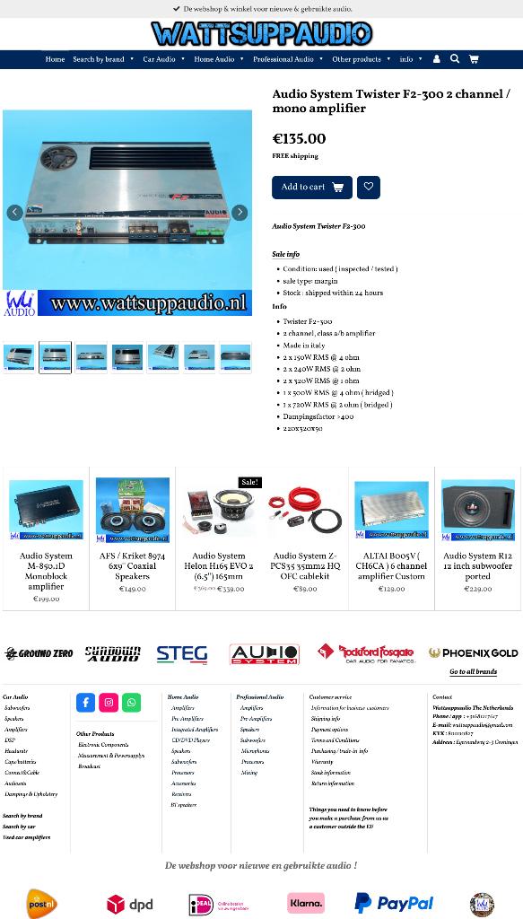 Audio System Twister F2-300 versterker 2 x 320W RMS, Auto diversen, Autospeakers, Info@optimount.nl, Nieuw, Ophalen of Verzenden