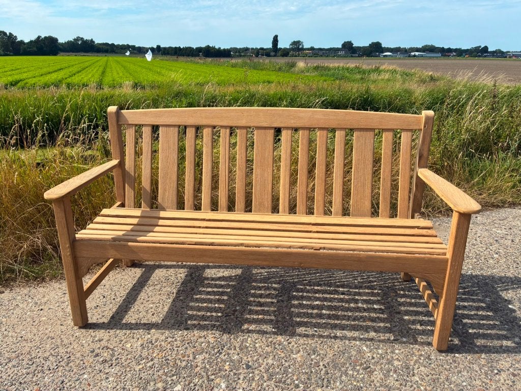 Engelse teakhouten tuinbank Lister (1883) 160 cm als nieuw, Ophalen, Zo goed als nieuw, Teakhout