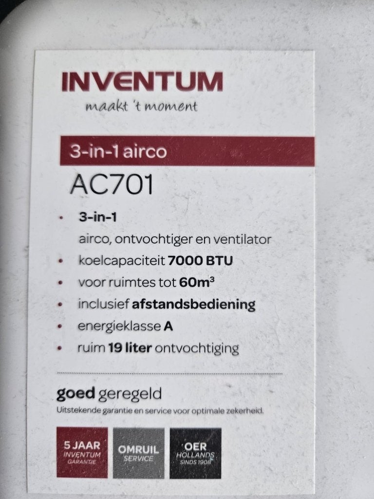 2 x Mobiele AIRCO Inventum 3-in-1 airconditioner AC701, Witgoed en Apparatuur, Ophalen, Koelen en Ontvochtigen, Minder dan 60 m³