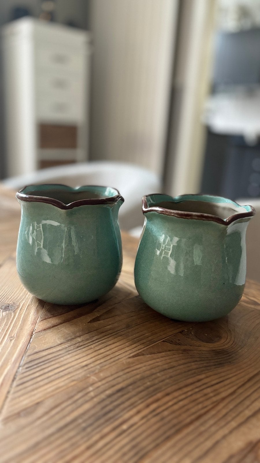 2 blauw/groene bloempotten Loberon (ibiza style, landelijk), Rond, Ophalen of Verzenden, Zo goed als nieuw, Aardewerk