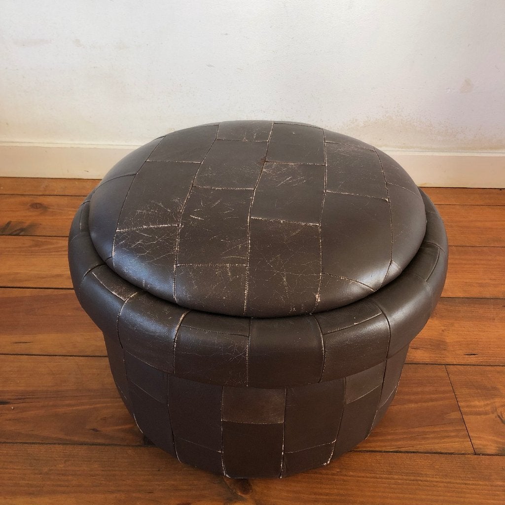Vintage patchwork opbergpoef, vintage design, Leer, Ophalen of Verzenden, Zo goed als nieuw, 50 tot 75 cm