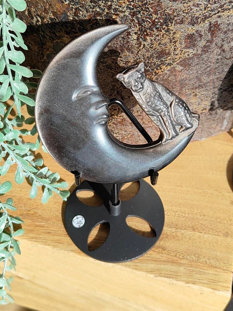 Luipaard op maan van zilver obsidiaan op standaard, Ophalen of Verzenden