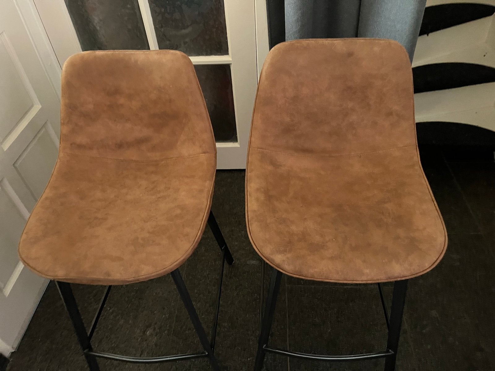 Set van 2 bruine barkrukken, Huis en Inrichting, Barkrukken, Ophalen, 60 tot 90 cm, Zo goed als nieuw, Metaal