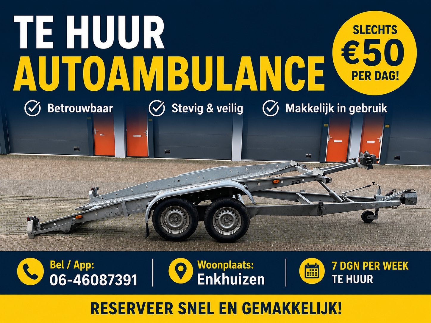 Te huur kanteltrailer autoambulance, Auto diversen, Ophalen of Verzenden, Zo goed als nieuw