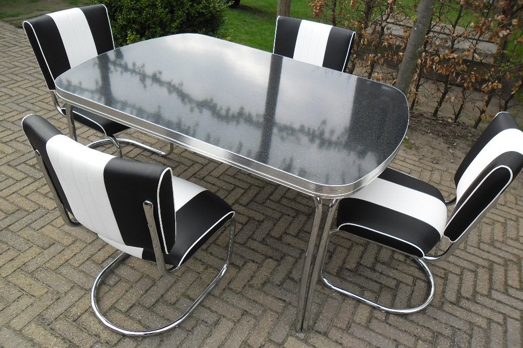 fifties sixties Bel Air diner tafel + 4 slede stoelen retro, Huis en Inrichting, Ophalen, Zwart, Zo goed als nieuw, Vier