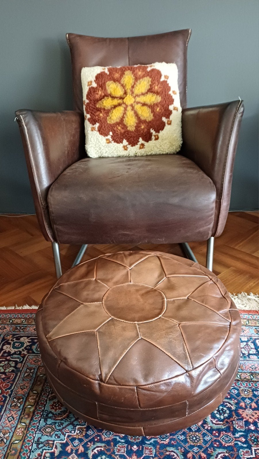 Bruine Vintage Patchwork Leren Poef, Ophalen, Gebruikt, Vintage, Patchwork, Leer