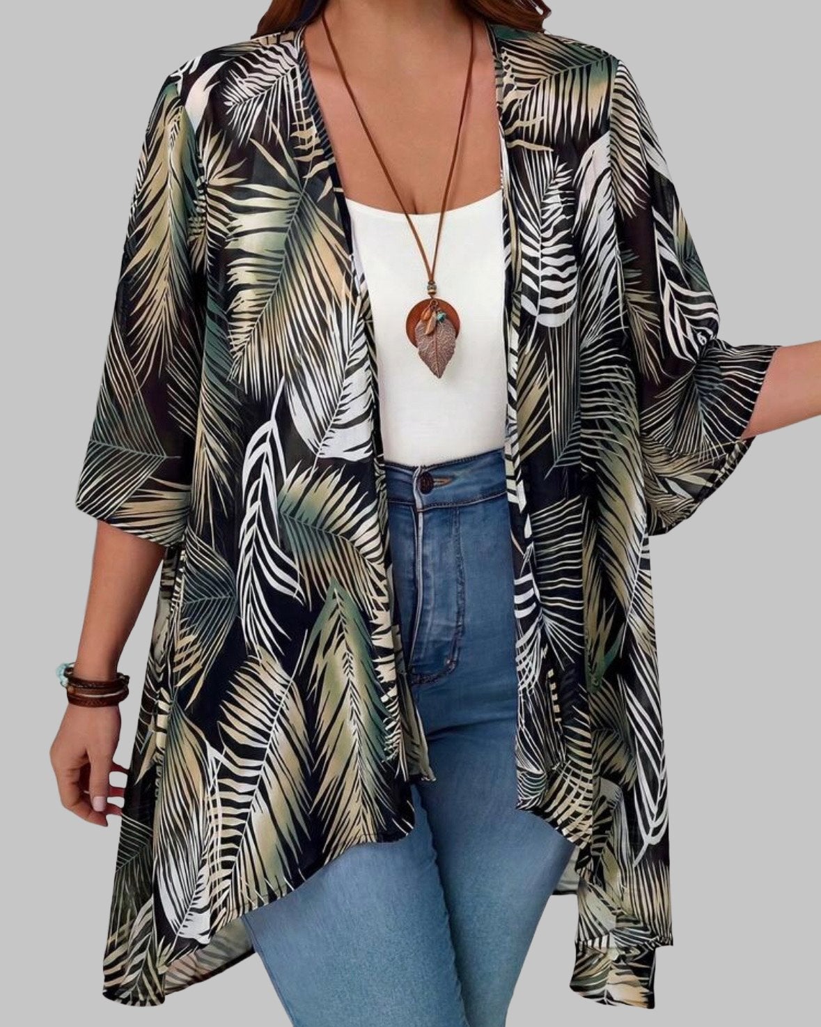 Zomerse Kimono met Palmbladprint (46-54), Verzenden, Nieuw, Meerkleurig, Trui of Vest