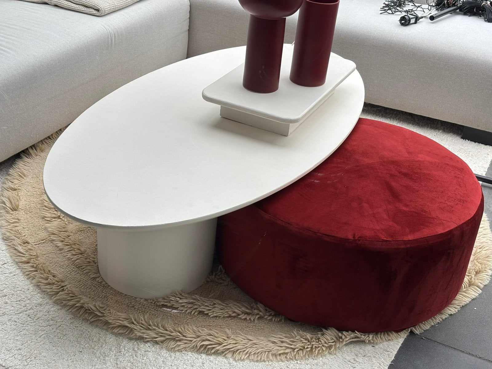 Rode velvet poef/hocker XL – bordeaux/wijnrood, Ophalen, ', Stof, 50 tot 75 cm