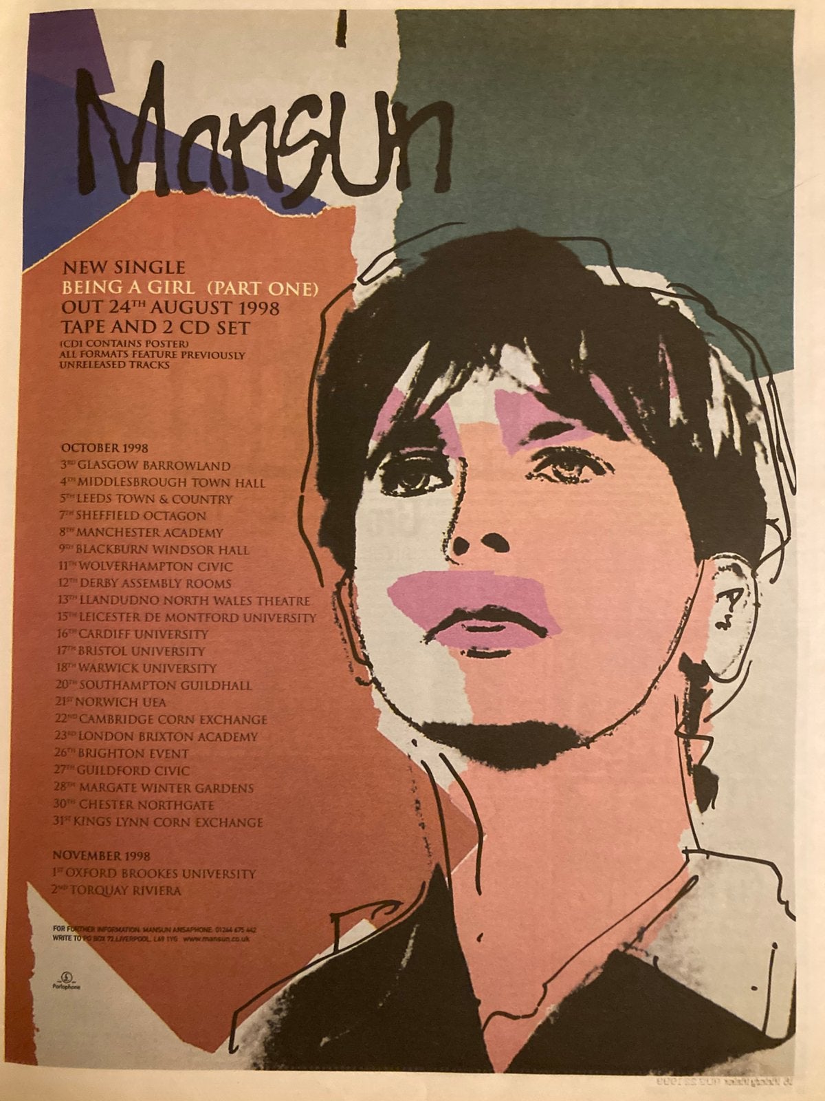 MANSUN Being A Girl tour 1998 A3 advertentie, Ophalen of Verzenden, Zo goed als nieuw