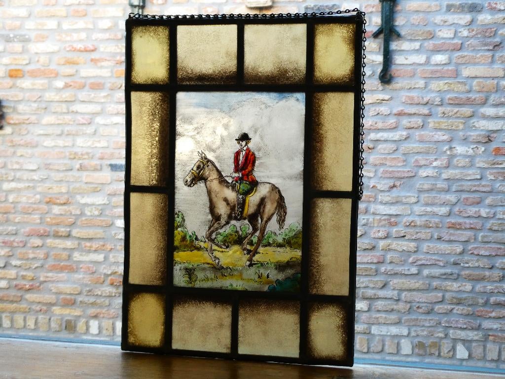 Gebrandschilderd glas in lood raamhanger met Ruiter te paard, Ophalen of Verzenden