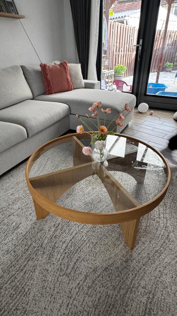 Ikea STOCKHOLM eikenfineer glas salontafel rond, Huis en Inrichting, Tafels | Salontafels, Ophalen, 50 tot 100 cm, Rond, Minder dan 50 cm
