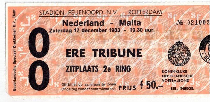 Toegangskaart Nederland - Malta 17 december 1983, Ophalen of Verzenden, Gebruikt, Overige binnenlandse clubs, Overige typen