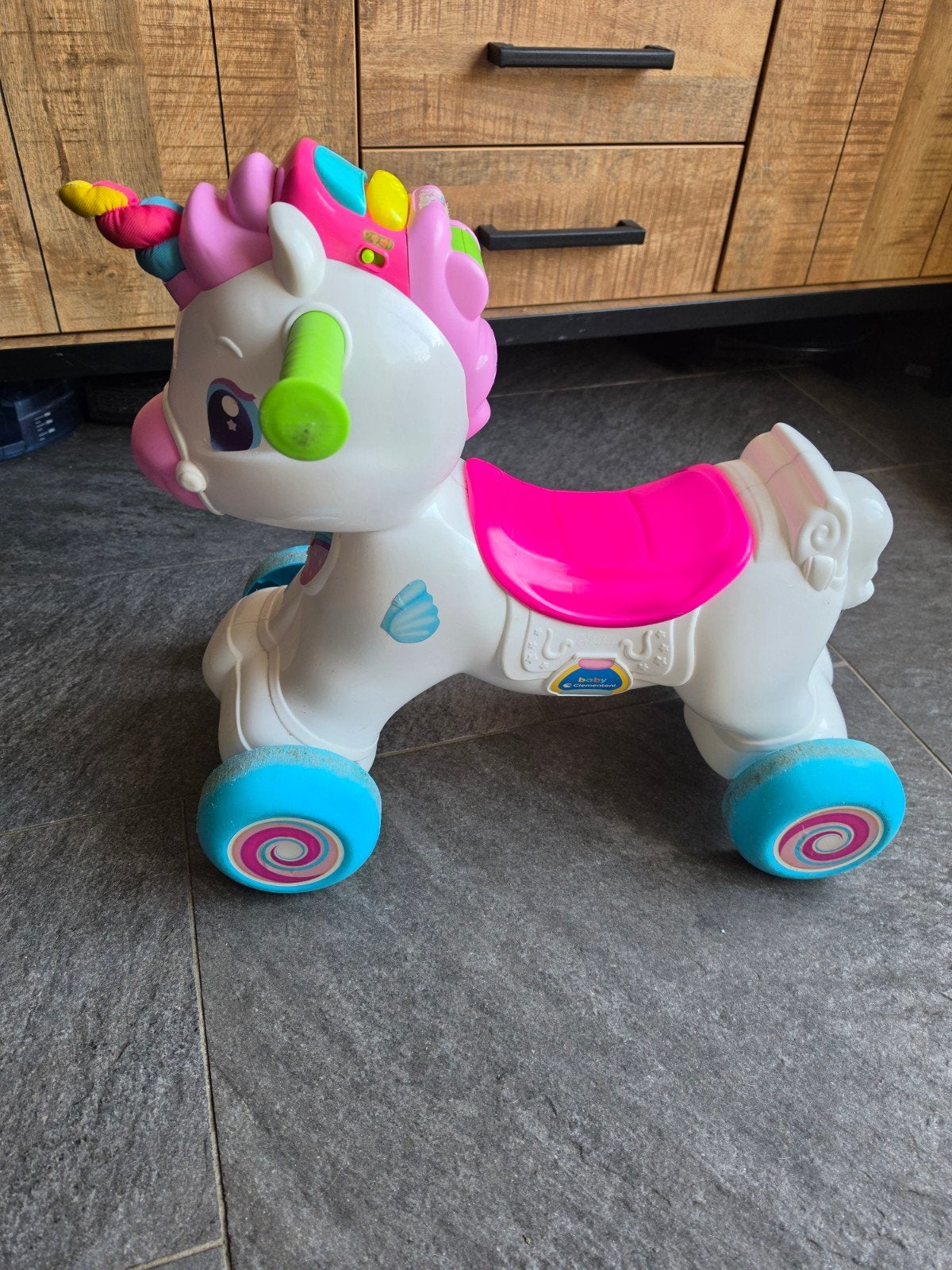 Baby Clementoni 3-in-1 Eenhoorn Schommel en Loopwagen, Ophalen, Gebruikt, Overige typen, Met licht