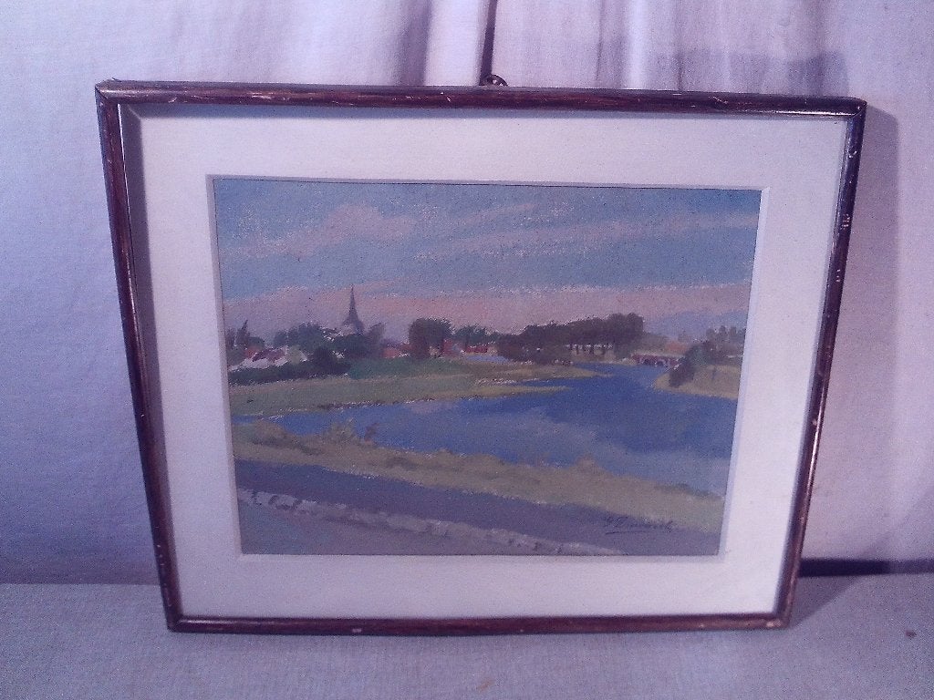 Mooi Oud Geschilderd Werk 'Dorpje in de Verte' - gesigneerd, Ophalen of Verzenden, Gesigneerd, Landschap, Paneel