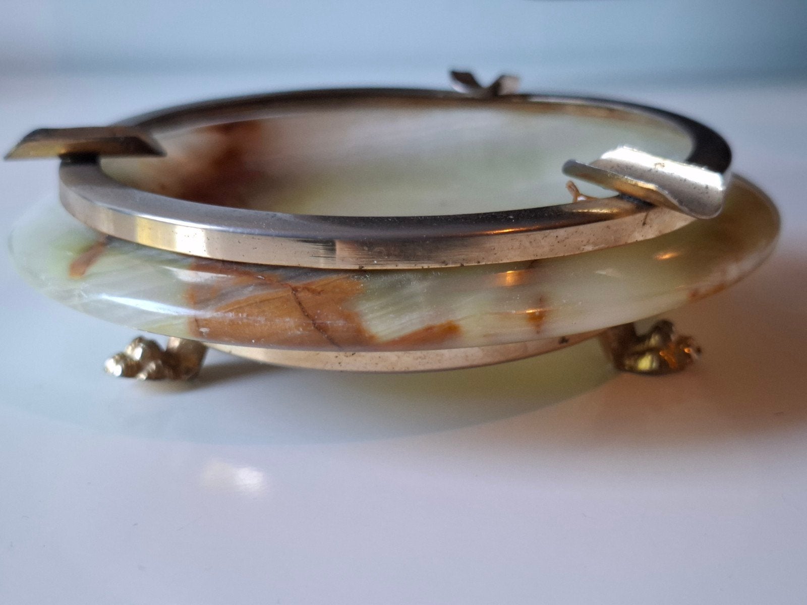 vintage onyx asbak op messing leeuwenpootjes, Ophalen of Verzenden