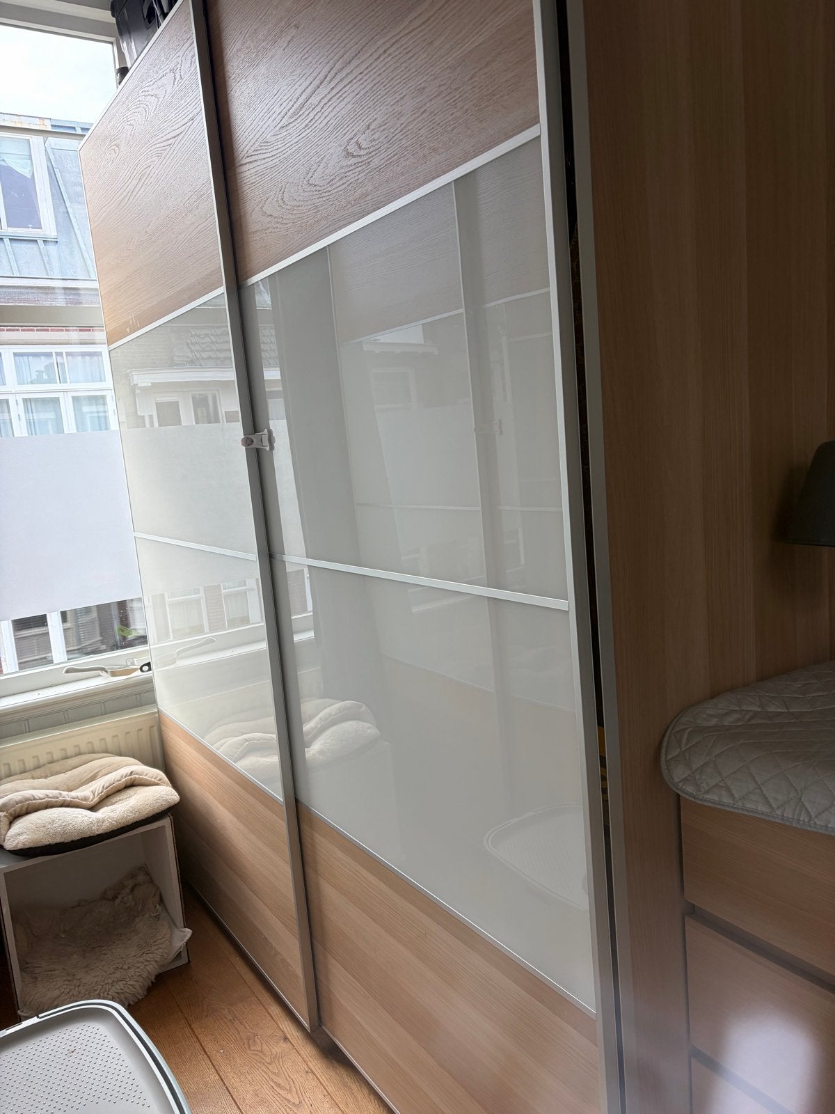 4 Ikea Pax schuifdeuren met melkglas en lichteiken panelen, Ophalen, Gebruikt, 100 tot 150 cm, 200 cm of meer