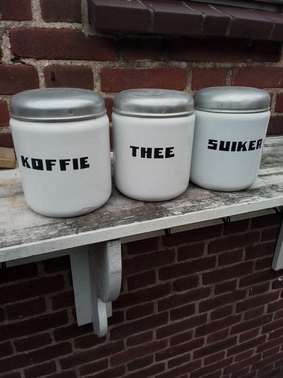 Oude Emaille Koffie, Thee, Suiker en Beschuitbussen Set, Ophalen of Verzenden