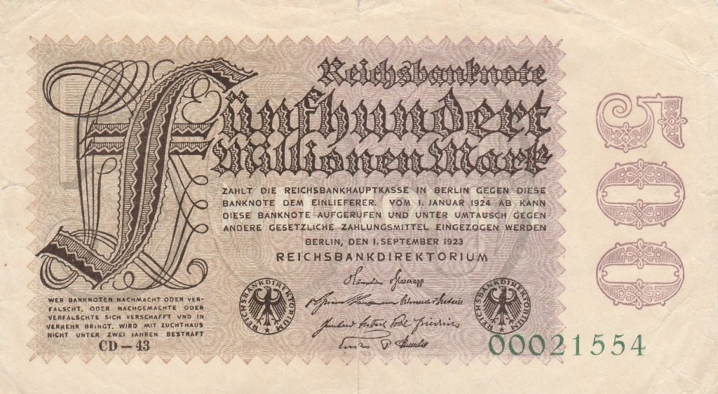 500 miljoen mark 1923 Duitsland, Postzegels en Munten, Bankbiljetten | Europa | Niet-Eurobiljetten, Ophalen of Verzenden, Duitsland