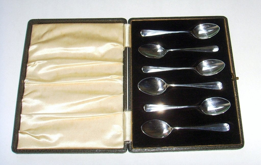 Set van zes sterling zilveren koffielepels in leren etui., Antiek en Kunst, Ophalen of Verzenden, Zilver