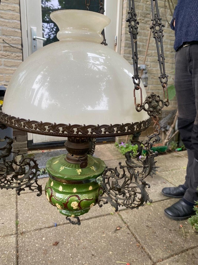 Antieke hangende olielamp, Antiek en Kunst, Antiek | Lampen, Ophalen