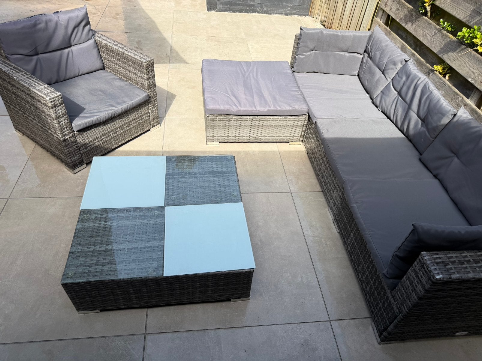6-delige Loungeset met kussens poly rattan grijs, Tuin en Terras, Tuinsets en Loungesets, Ophalen of Verzenden, Zo goed als nieuw