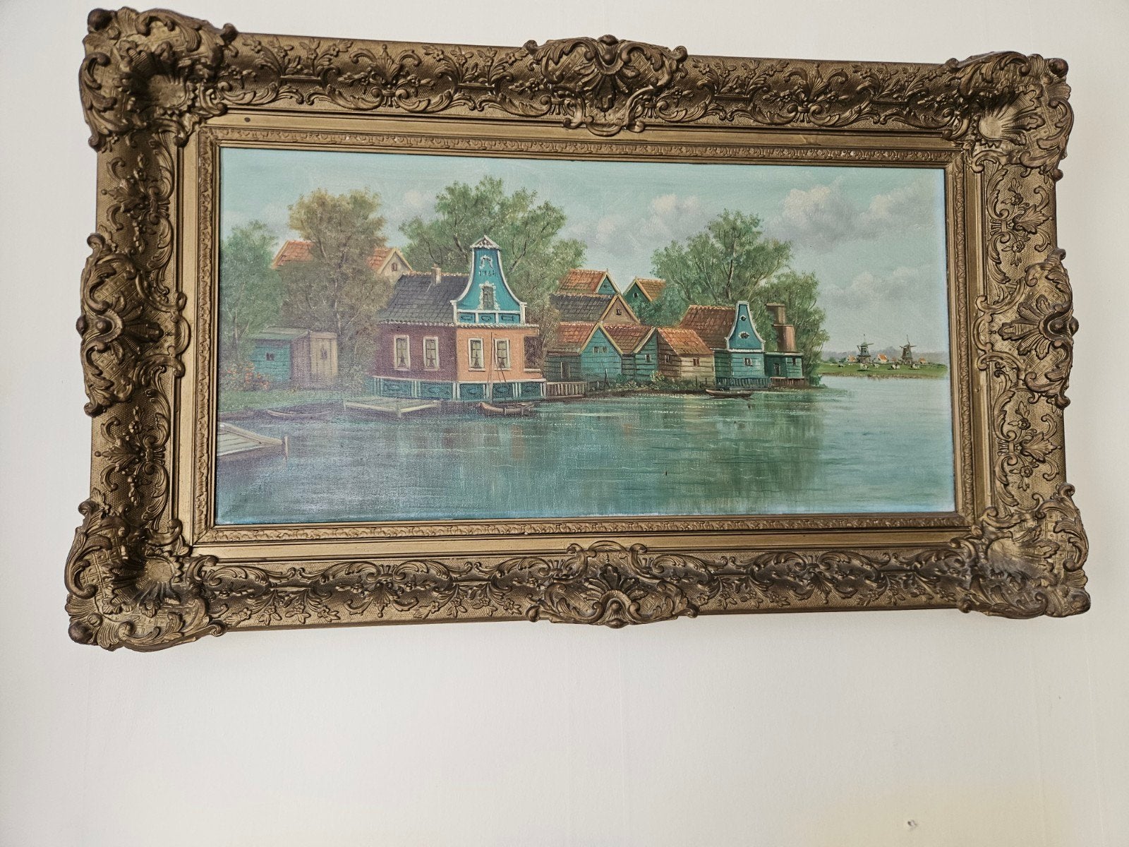 Schilderij Hollands Landschap met Molens en Huizen, Antiek en Kunst, Ophalen, Doek, Realistisch, Landschap
