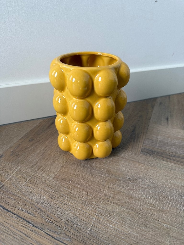 Heel goed geel Bubbly vaas 18cm bolletjes vaas keramiek, Gebruikt, Geel, Ophalen of Verzenden, Steen/keramiek