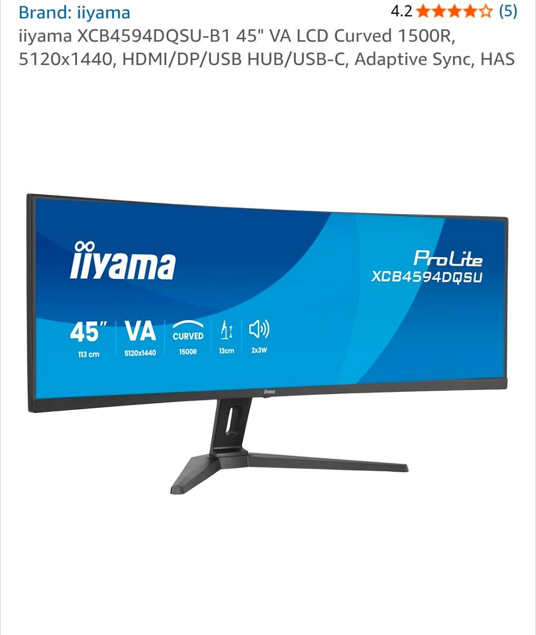 iiyama XCB4594DQSU-B1 45" VA LCD Curved Monitor, Ophalen of Verzenden