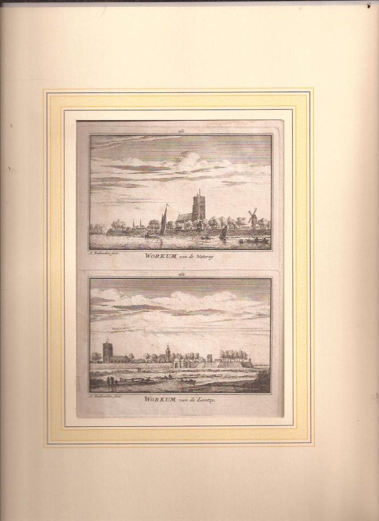 Woudrichem.Workum 2x aanzicht op blad.Kopergr. Abr.Rademaker, 7 cm, Stadsgezicht, Met tekst, Ophalen of Verzenden