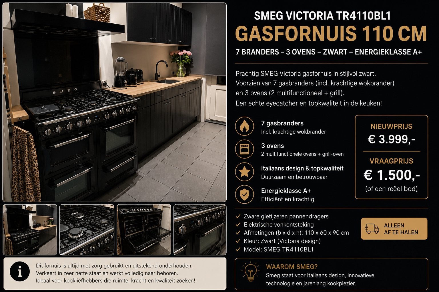 Smeg Victoria TR4110BL1 Gasfornuis 7 Pits Zwart, Ophalen, 60 cm of meer, Grill, Zo goed als nieuw