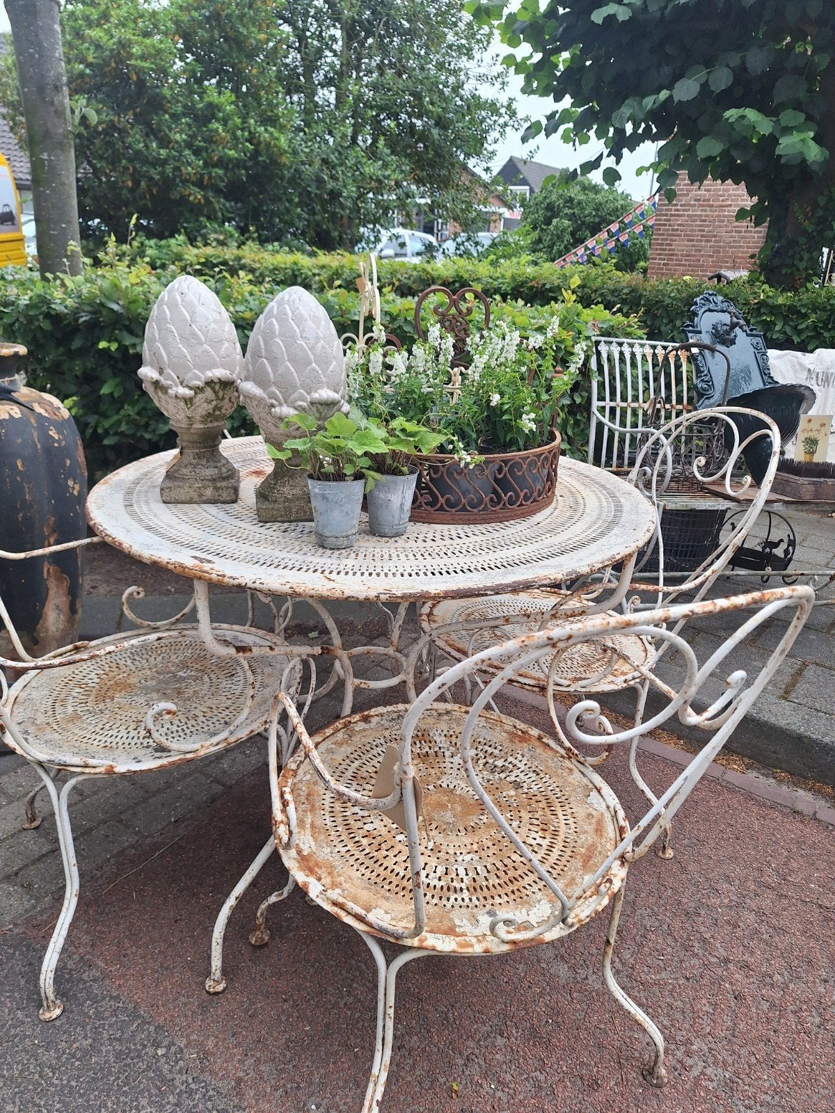 Prachtige oude ijzeren tuinset. Tafel en 4 stoelen, Ophalen, Gebruikt, Overige materialen