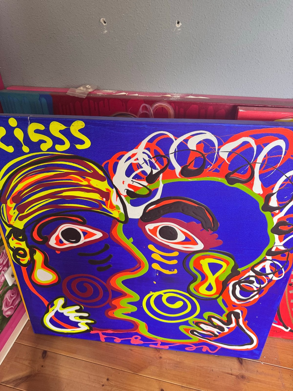 Fabian originele stijl - Kiss - Modern Schilderij, Ophalen, Abstract, Echtheidscertificaat, Gemengde techniek