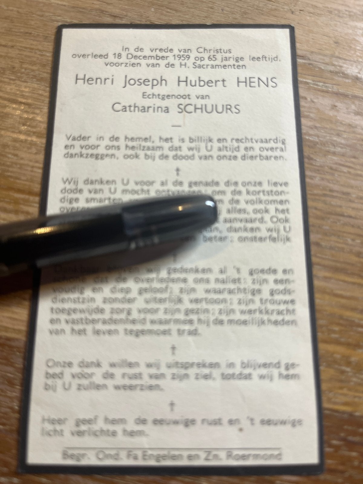 Hens Henri 1959 x Schuurs - 31667-, Verzamelen, Ophalen of Verzenden, Bidprentje