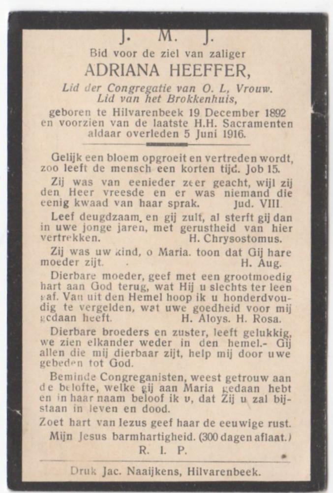 Adriana Heeffer 1892 Hilvarenbeek + 1916 Hilvarenbeek, 23 jr, Verzenden