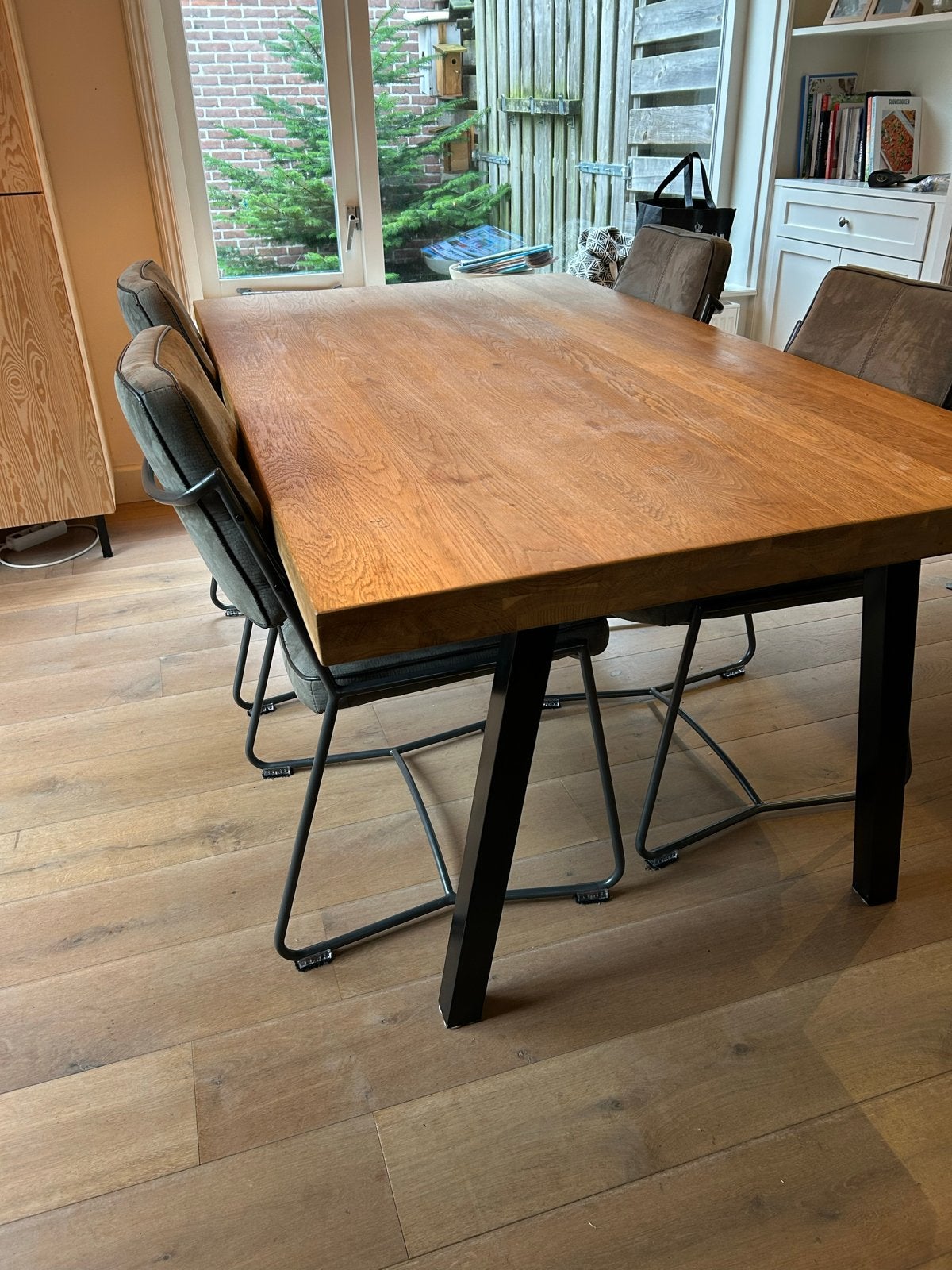 Eikenhouten eettafel met metalen poten (180x100x73 cm), Ophalen, Gebruikt, Eikenhout, 50 tot 100 cm