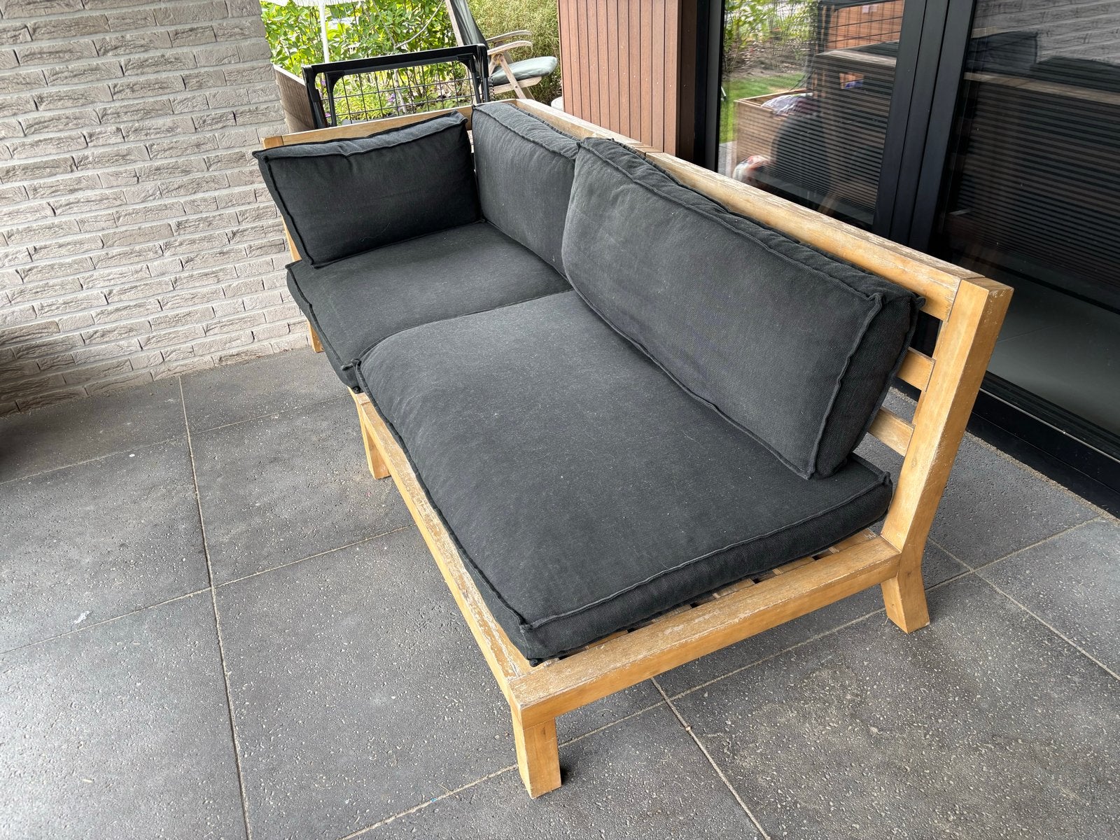 Teakhouten loungebank met kussens (rits defect), Gebruikt, Teakhout, Loungeset, Bank