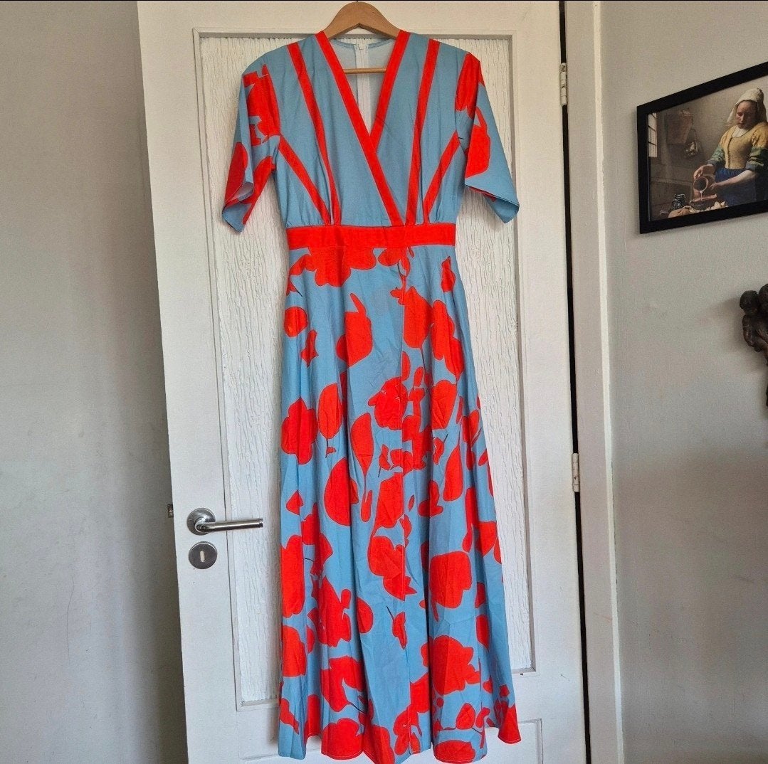 Vintage maxi zomerjurk met rode bloemenprint - Maat S (36), Ophalen of Verzenden, Zo goed als nieuw, Vintage, Maat 36 (S)