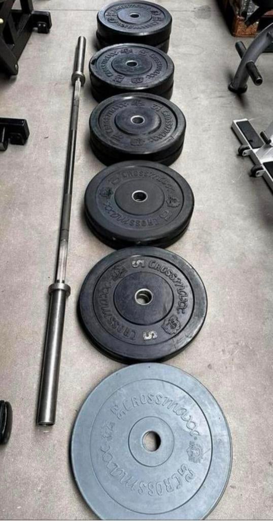 155kg Crossmaxx Bumperplates + Crossmaxx Barbell 220cm ,20kg, Ophalen, Gebruikt, Halterschijven