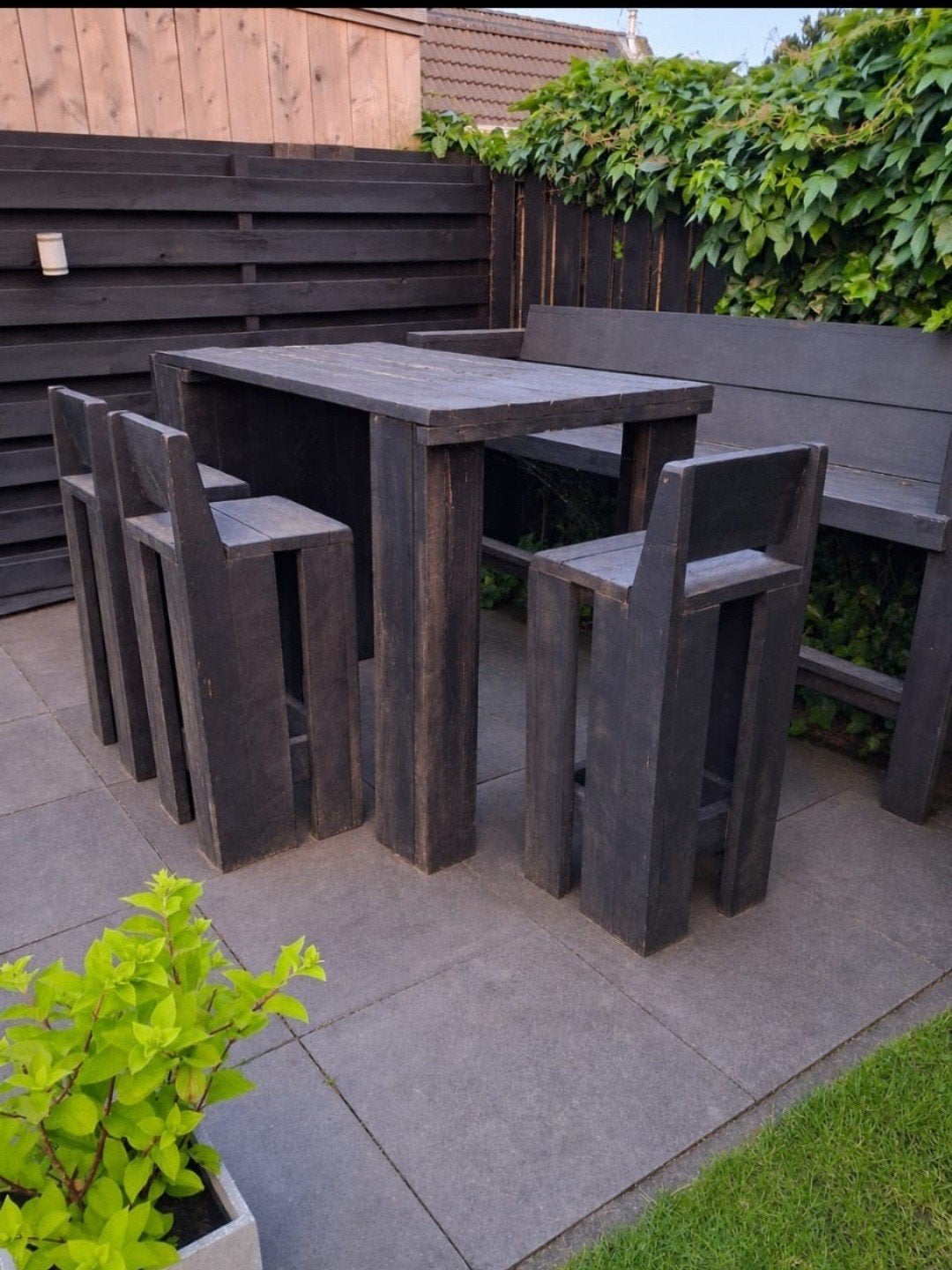Steigerhouten tuinset met bank en krukken, Ophalen, Gebruikt, Bank, 6 zitplaatsen
