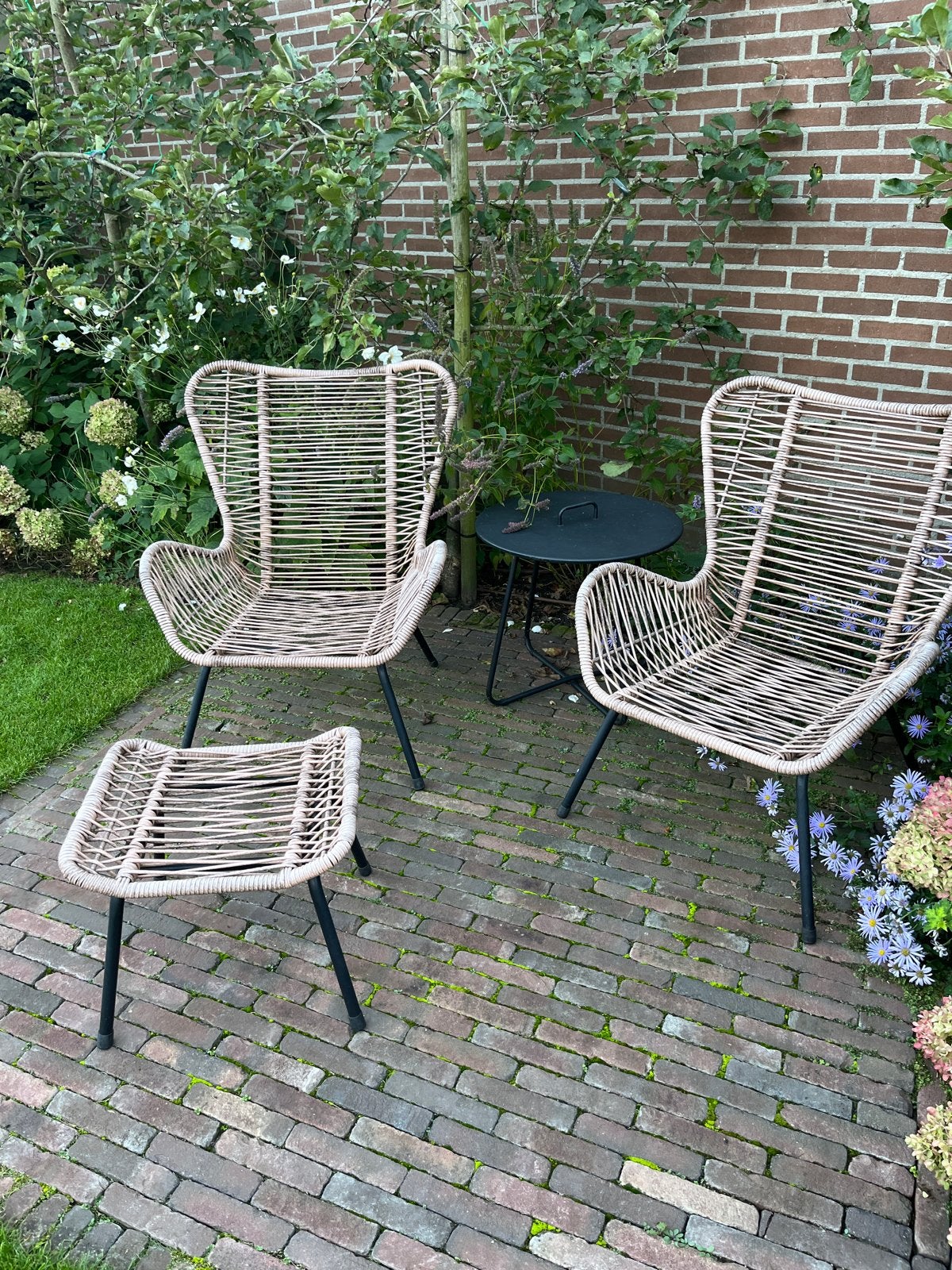 Tuinset: 2 fauteuils en krukje, kunststof rietlook, Kunststof, Gebruikt, Hocker, Tuinset
