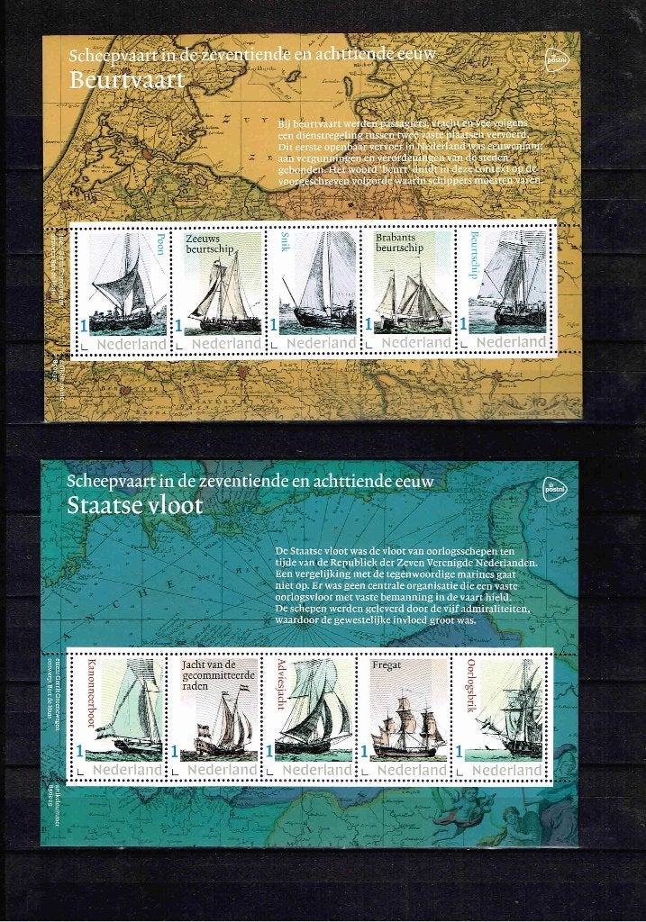 Scheepvaart 17e & 18e eeuw 7 vel 5 persoonlijke zegels /8.10, Postzegels en Munten, Verzenden, Na 1940, Postfris