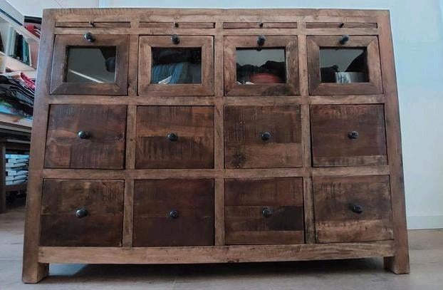 Massief houten dressoir met 12 lades, Ophalen, 100 tot 150 cm, Glas, Zo goed als nieuw