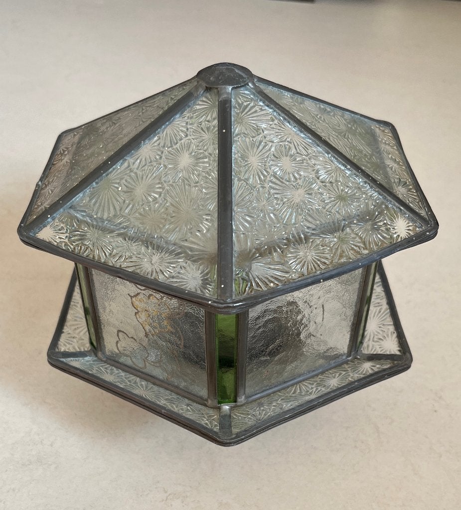 Glas in lood plafondlampje (Amsterdamse school/Art Deco), Ophalen, Gebruikt, Glas, Amsterdamse school, art deco, jaren 20, jaren 30, jaren 40