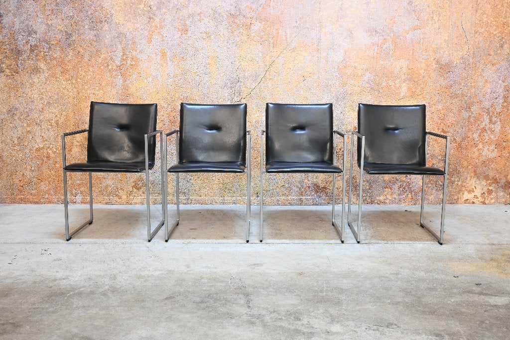 ZGANieuw 4 zwarte leren Arco Frame design eetkamerstoelen, Huis en Inrichting, Stoelen, Arco, Zwart, Ophalen of Verzenden, Zo goed als nieuw