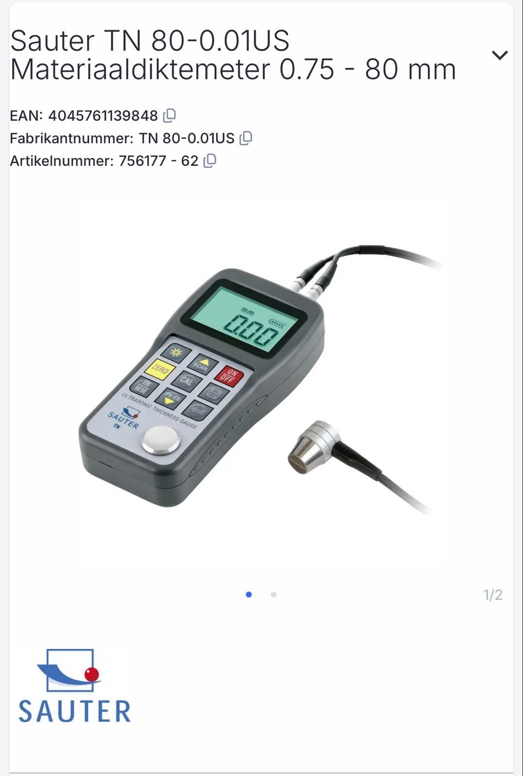 Sauter TN 80-0.01US Materiaaldiktemeter 0.75 - 80 mm, Ophalen of Verzenden, Zo goed als nieuw, Overige meters